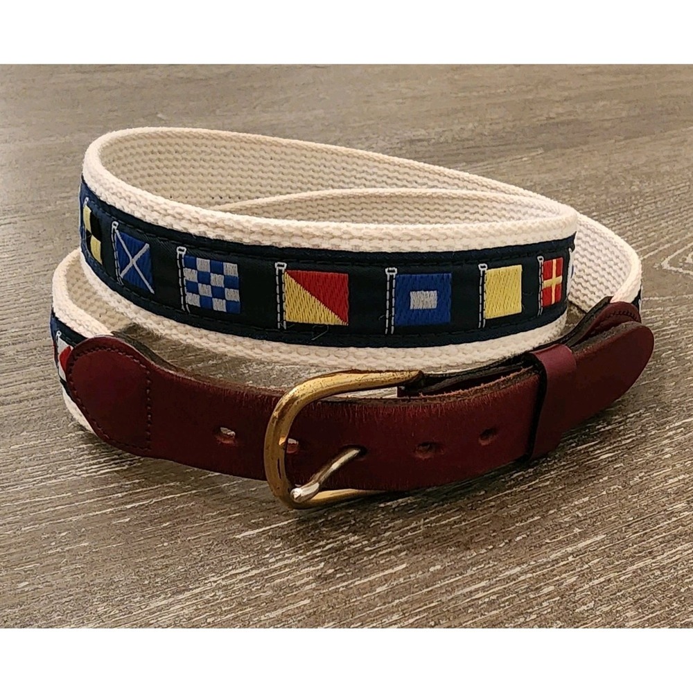 Leather Man Ltd Essex CT USA Canvas Brass Belt Men 38 Nautical Flag Preppy Yacht
